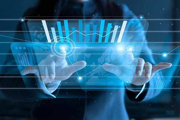 istock business woman touching virtual screen, pushing icon on media 494163222