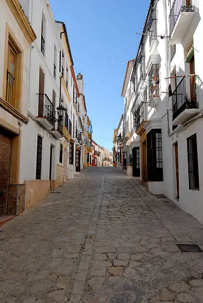 Ornate alcoves, balconies, windows, decoration and cobbled walkways are typical architecture within Andalucia, Spain, as shown by this elegant streetscene