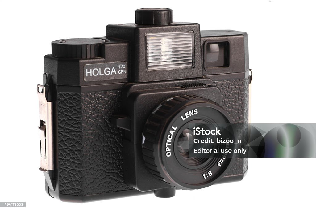 Holga camera January 20, 2014 - Bucharest, Romania: Shot of a Holga film camera isolated on white. The Holga is a medium format film camera, made in Hong Kong. Toy Camera Effect Stock Photo