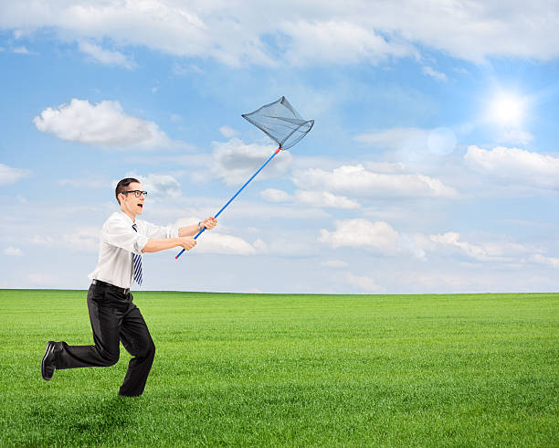 istock Male running with empty butterfly net on a field 494179835