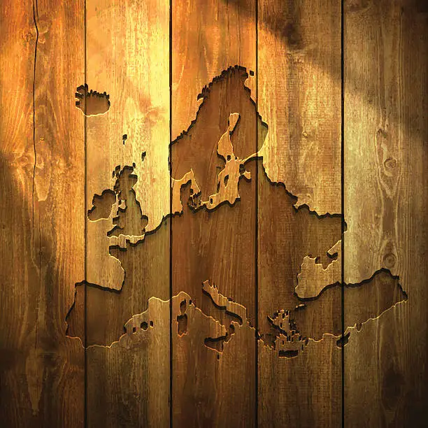 Vector illustration of Europe Map on lit Wooden Background