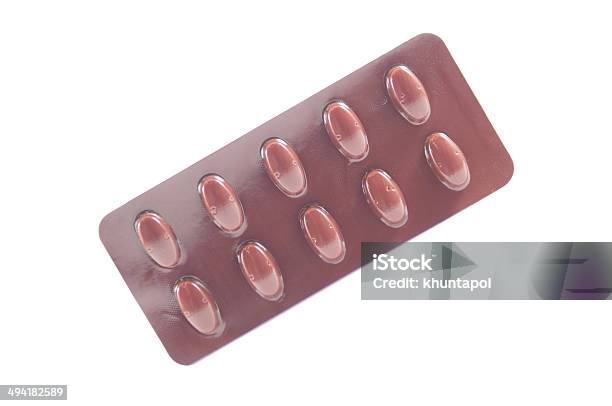 Brown Blister Pack Of Long Shape Tablet Stock Photo - Download Image Now - Addiction, Aluminum, Antibiotic