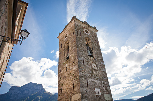 Italy, Tuscany, Pruno. Old village in the park of the Apuane Alps (Stazzema). The tower of the Church