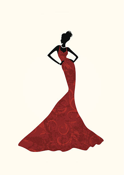 Beautiful woman in a long red dress A beautiful fashion woman wearing a long red dress with floral pattern. haute couture stock illustrations