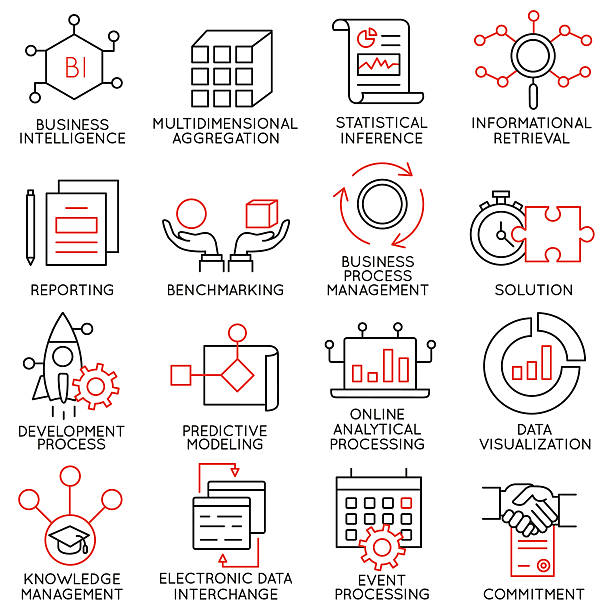 reihe von icons, die bezug auf business management-teil 25 - retrieval stock-grafiken, -clipart, -cartoons und -symbole