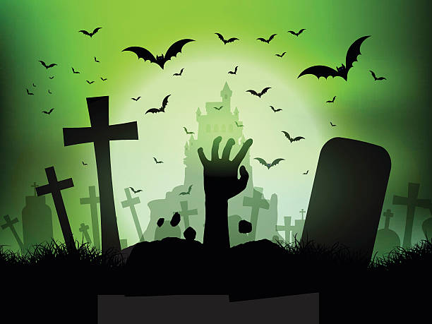  Halloween Zombie Paisaje Con La Mano En El Cementerio Ilustraciones, gráficos vectoriales libres de derechos y clip art