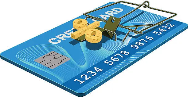 Vector illustration of Credit card trap. Bank interest free cheese in mousetrap