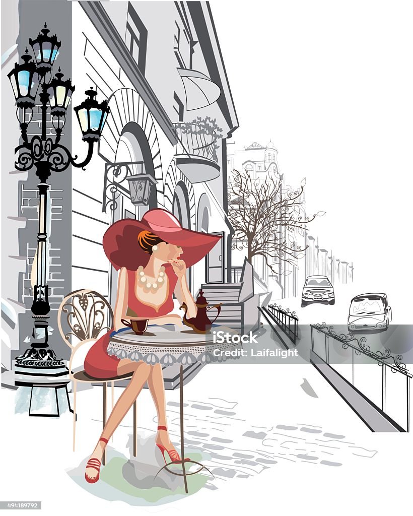 Fashion girl in the street cafe. Fashion girl in the street cafe.  The series of old town views in Central Europe. Hand drawn illustration. Paris - France stock vector