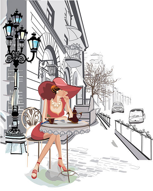 Fashion girl in the street cafe. Fashion girl in the street cafe.  The series of old town views in Central Europe. Hand drawn illustration. london fashion stock illustrations