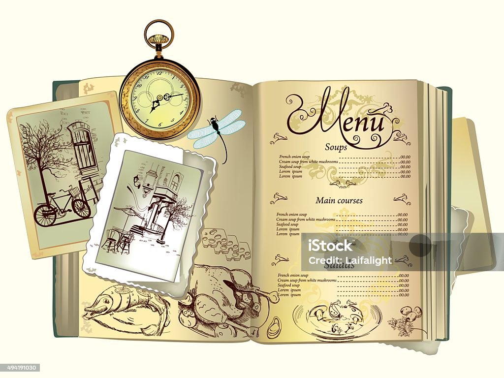 Background On An Old Book For Menu Design Stock Illustration - Download  Image Now - 2015, Bacon, Bar - Drink Establishment - iStock