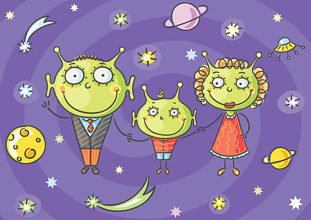 kreskówka obcych rodziny na przestrzeni tle - father alien child characters stock illustrations