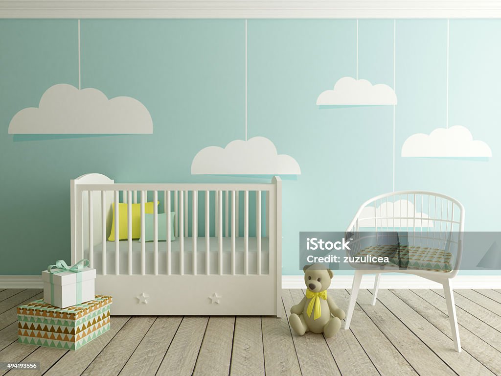 baby room, nursery interior baby room interior with blue wall with clouds Crib Stock Photo