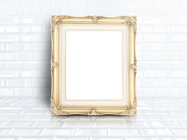 istock Gold vintage photo frame at white tiles ceramic room 494194736