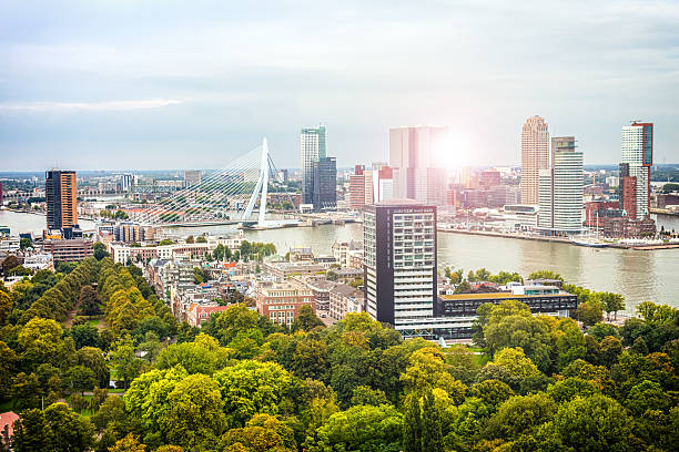 Rotterdam Skyline with sunlight Rotterdam Skyline with sunlight netherlands aerial stock pictures, royalty-free photos & images