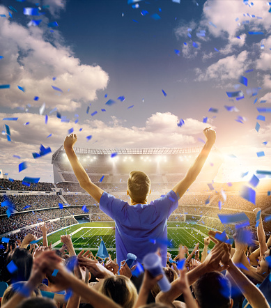 A long-range shot of a stadium field, floodlights and seating. A green field, with painted white lines, is visible in the foreground. On the foreground a group of fans is celebrating. One man stands with his hands up to the sky. People are dressed in blue colors. In the background are diffuse out-of-focus stadium seats. Large, bright floodlights are in the center part of the image.