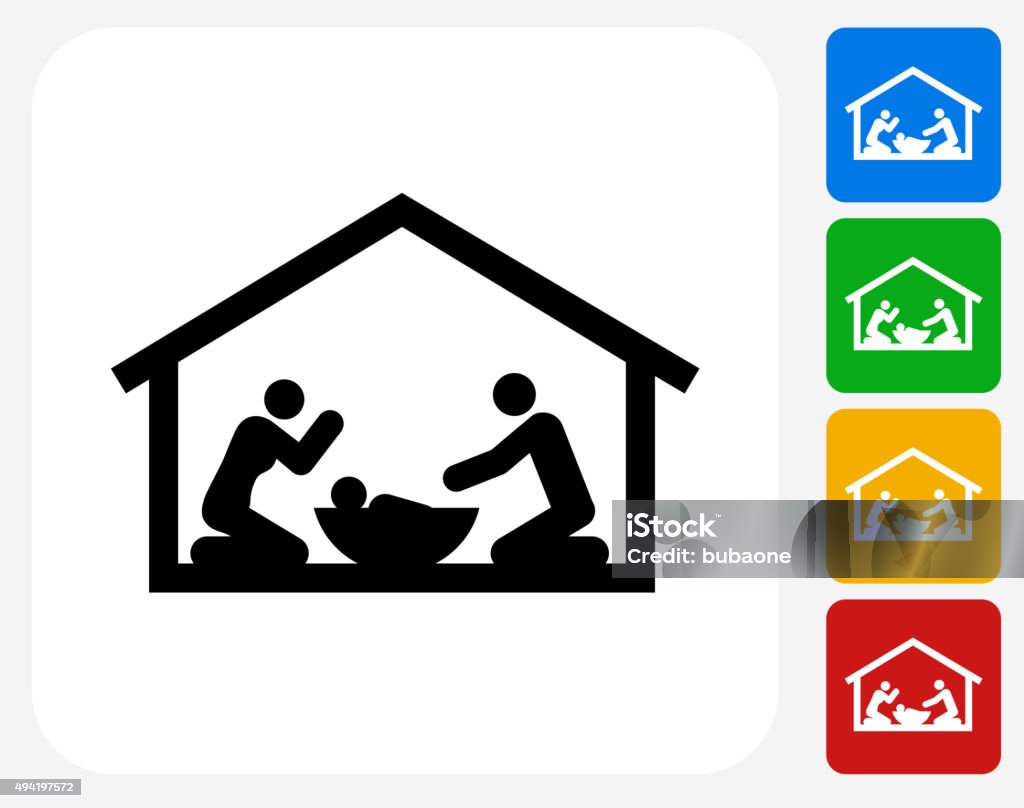 Birth of Jesus Icon Flat Graphic Design Birth of Jesus Icon. This 100% royalty free vector illustration features the main icon pictured in black inside a white square. The alternative color options in blue, green, yellow and red are on the right of the icon and are arranged in a vertical column. 2015 stock vector