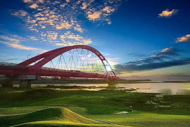 Color Red Bridge Sunset, Chuk Yuen, Taoyuan County, Taiwan for adv or others purpose use
