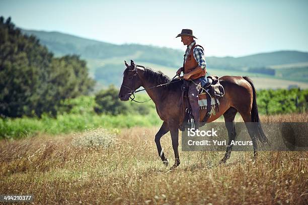 Он С Lone Rider — стоковые фотографии и другие картинки Лошадь - Лошадь, Съёмка сбоку, Мужчины