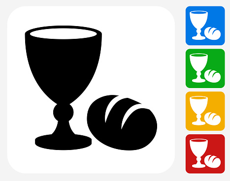 Goblet and Bread Icon. This 100% royalty free vector illustration features the main icon pictured in black inside a white square. The alternative color options in blue, green, yellow and red are on the right of the icon and are arranged in a vertical column.