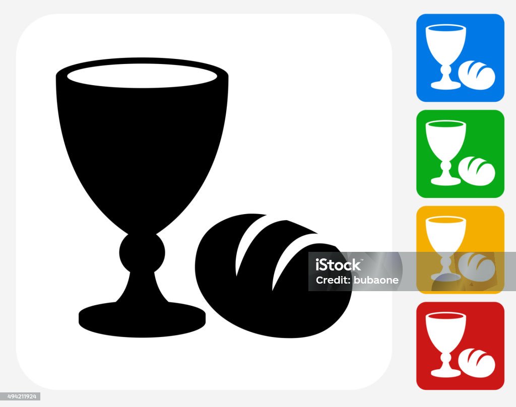 Goblet and Bread Icon Flat Graphic Design Goblet and Bread Icon. This 100% royalty free vector illustration features the main icon pictured in black inside a white square. The alternative color options in blue, green, yellow and red are on the right of the icon and are arranged in a vertical column. Communion stock vector