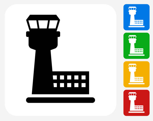 ilustraciones, imágenes clip art, dibujos animados e iconos de stock de torre de control de tráfico aéreo iconos planos de diseño gráfico - air traffic control tower