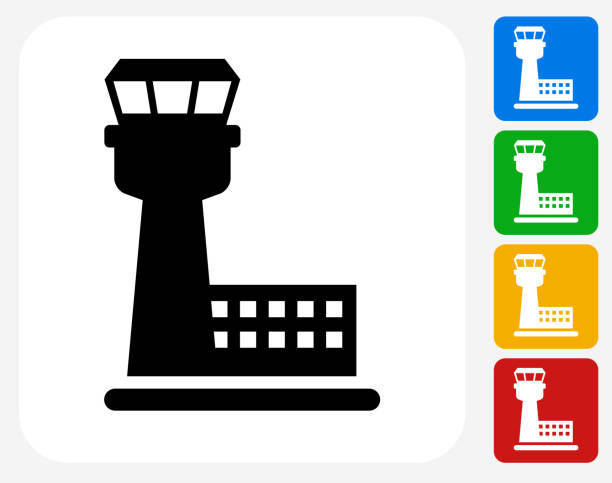 illustrazioni stock, clip art, cartoni animati e icone di tendenza di torre di controllo traffico aereo icona piatto di design grafico - air traffic control tower