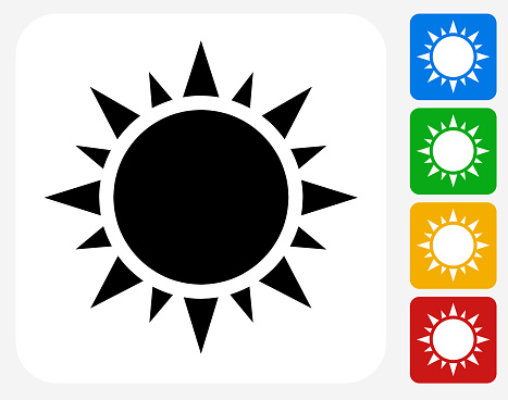 Sun Icon. This 100% royalty free vector illustration features the main icon pictured in black inside a white square. The alternative color options in blue, green, yellow and red are on the right of the icon and are arranged in a vertical column.