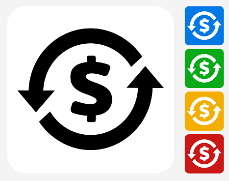 Money Circulation Icon. This 100% royalty free vector illustration features the main icon pictured in black inside a white square. The alternative color options in blue, green, yellow and red are on the right of the icon and are arranged in a vertical column.