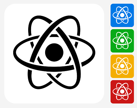 Atom Icon. This 100% royalty free vector illustration features the main icon pictured in black inside a white square. The alternative color options in blue, green, yellow and red are on the right of the icon and are arranged in a vertical column.