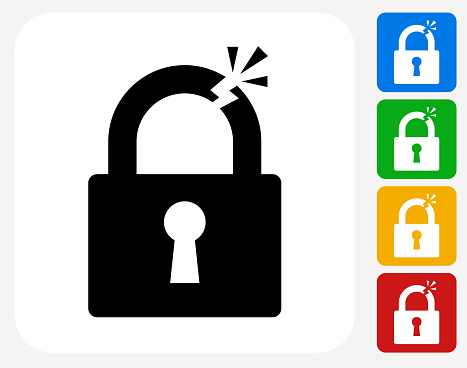 Clipped Lock Icon. This 100% royalty free vector illustration features the main icon pictured in black inside a white square. The alternative color options in blue, green, yellow and red are on the right of the icon and are arranged in a vertical column.