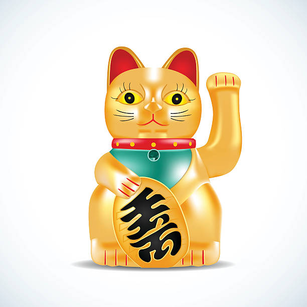 maneki neko, goldene katze. japanische golden kleinen skulpturen. lucky katzen - winkekatze stock-grafiken, -clipart, -cartoons und -symbole