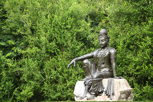Female Goddess Chinese Buddha (Quan Yin) type ancient bronze statue sit in the big garden.