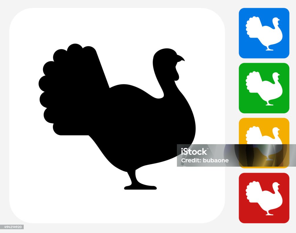 Turkey Icon Flat Graphic Design Turkey Icon. This 100% royalty free vector illustration features the main icon pictured in black inside a white square. The alternative color options in blue, green, yellow and red are on the right of the icon and are arranged in a vertical column. Turkey - Bird stock vector