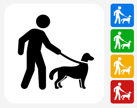 Disability Dog Icon. This 100% royalty free vector illustration features the main icon pictured in black inside a white square. The alternative color options in blue, green, yellow and red are on the right of the icon and are arranged in a vertical column.