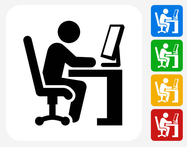 Working at Desk Icon Flat Graphic Design Working at Desk Icon. This 100% royalty free vector illustration features the main icon pictured in black inside a white square. The alternative color options in blue, green, yellow and red are on the right of the icon and are arranged in a vertical column. computer programming desk stock illustrations