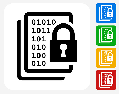 Computer Security Icon. This 100% royalty free vector illustration features the main icon pictured in black inside a white square. The alternative color options in blue, green, yellow and red are on the right of the icon and are arranged in a vertical column.