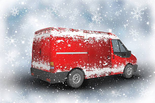 istock Christmas delivery van on a sparkly background with snowflakes 494222324