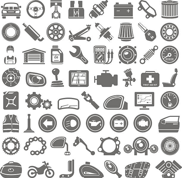 ilustraciones, imágenes clip art, dibujos animados e iconos de stock de iconos negros de automóviles y motocicletas piezas - auto repair shop illustrations