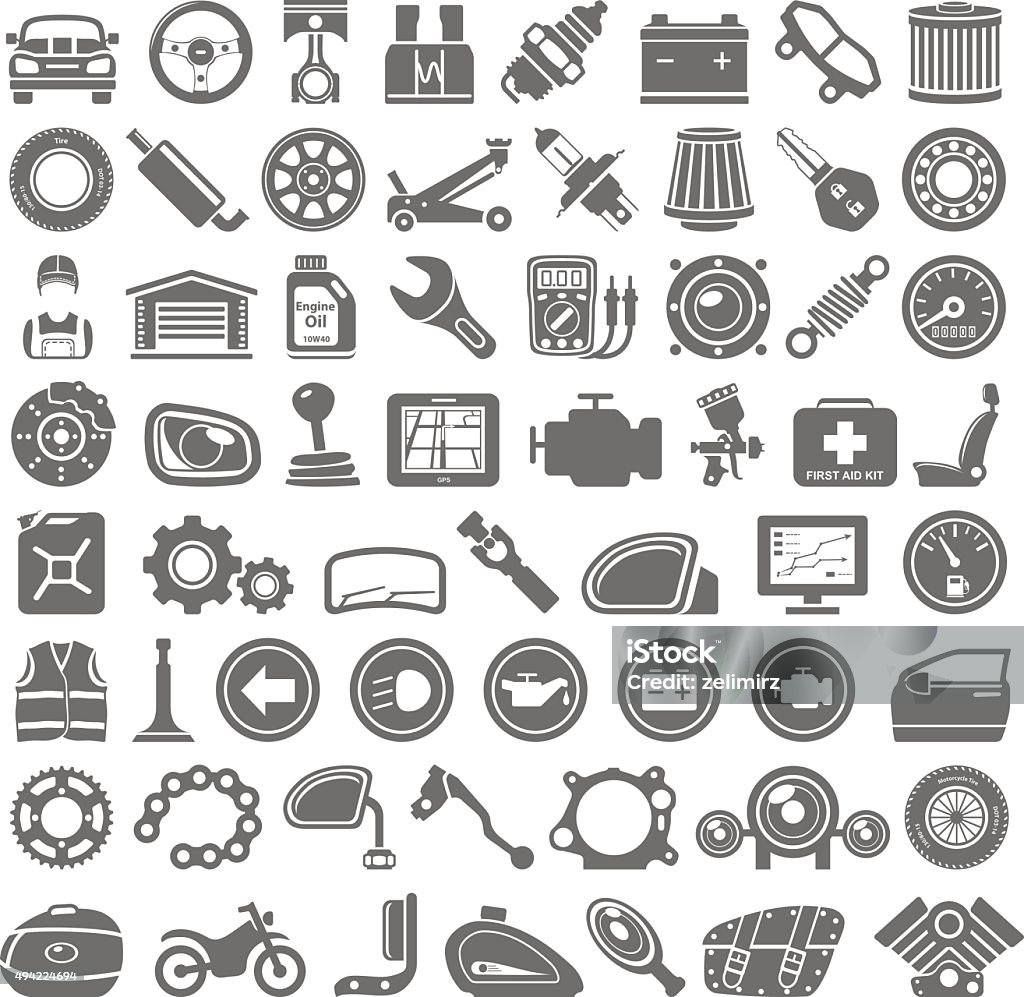 Black Icons - Car and Motorcycle Parts Car and motorcycle parts and equipment Icon Symbol stock vector