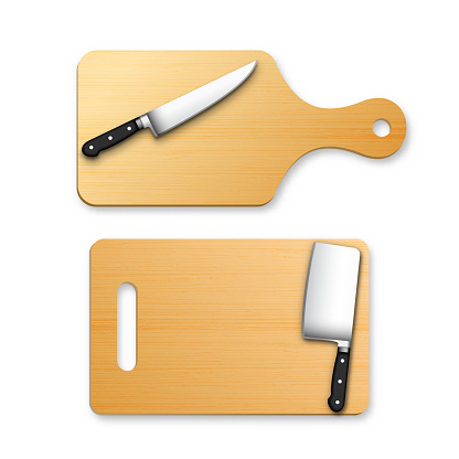 set of wooden cutting chopping board and knives in vector format