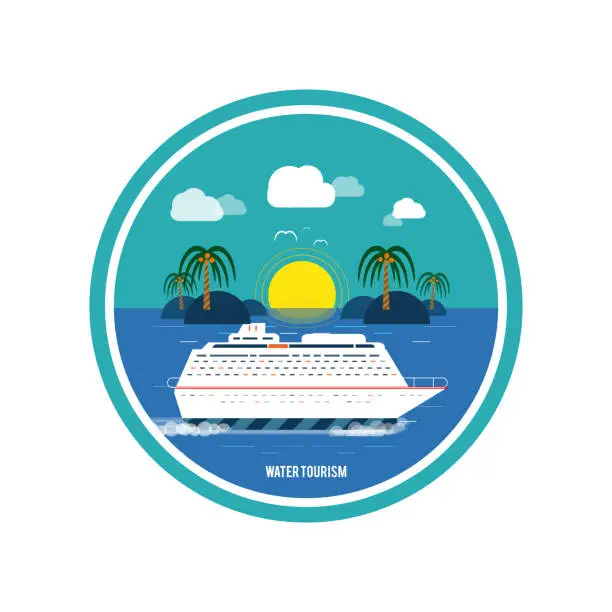 Vector illustration of Cruise ship and clear blue water. Water tourism.