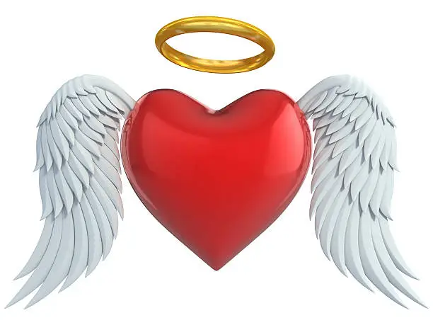 angel heart with wings and golden halo 3d illustration