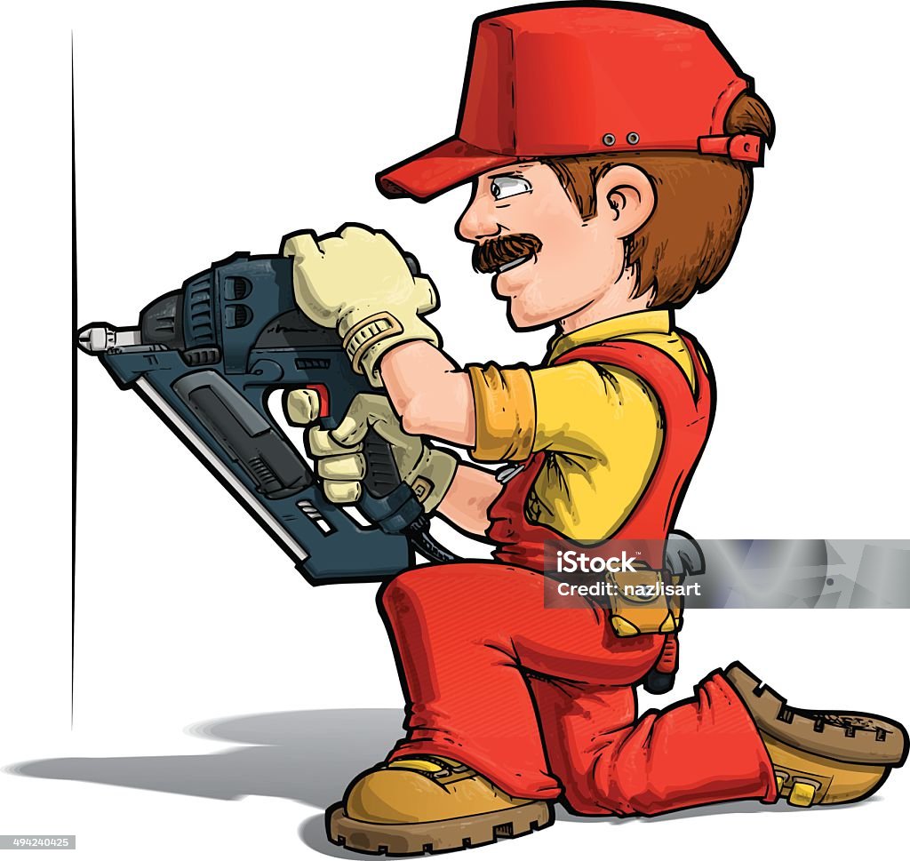 Handyman - Nailing Red Cartoon illustration of a handyman nailing with a nail-gun. Adult stock vector