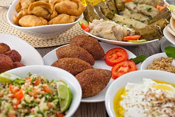 Assorted Dishes of Middle Eastern Food, Dolmades, Hummus,Labneh, Pita Bread,Rice,  Kibbeh,Tabbouleh,Empanada,Fatayer,Lebanon cuisine,Buffet
