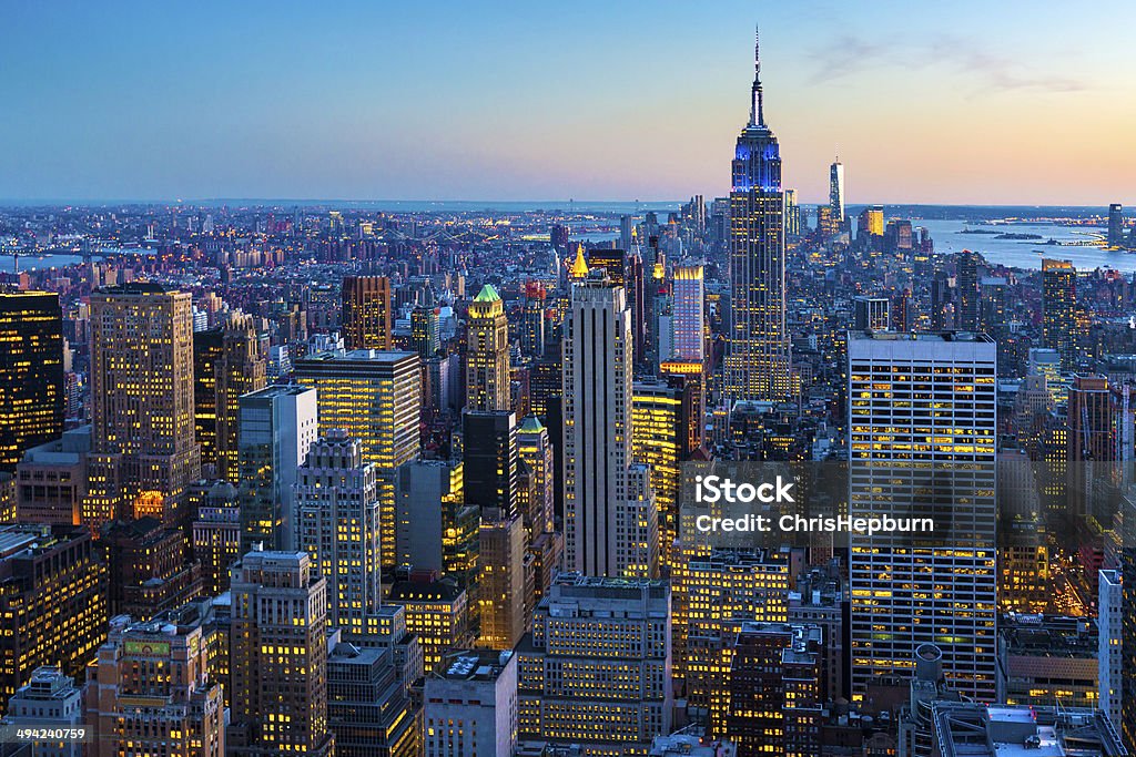 New York City Aerial Skyline at Dusk, USA Wide angle view across Manhattan at dusk in New York City, New York State, USA. Night Stock Photo