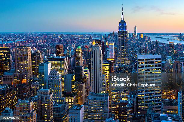 New York City Aerial Skyline At Dusk Usa Stock Photo - Download Image Now - Night, Empire State Building, New York City