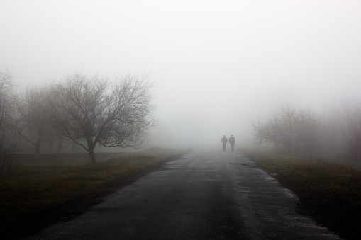 Silhouette of friends walking on misty village road. Homecoming. Loneliness,  nostalgia, sad mood