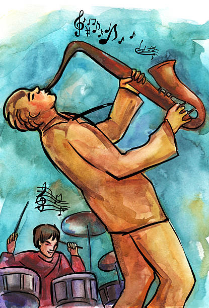 saksofonista i perkusista na niebieskim tle - recording studio trumpet musical instrument jazz stock illustrations