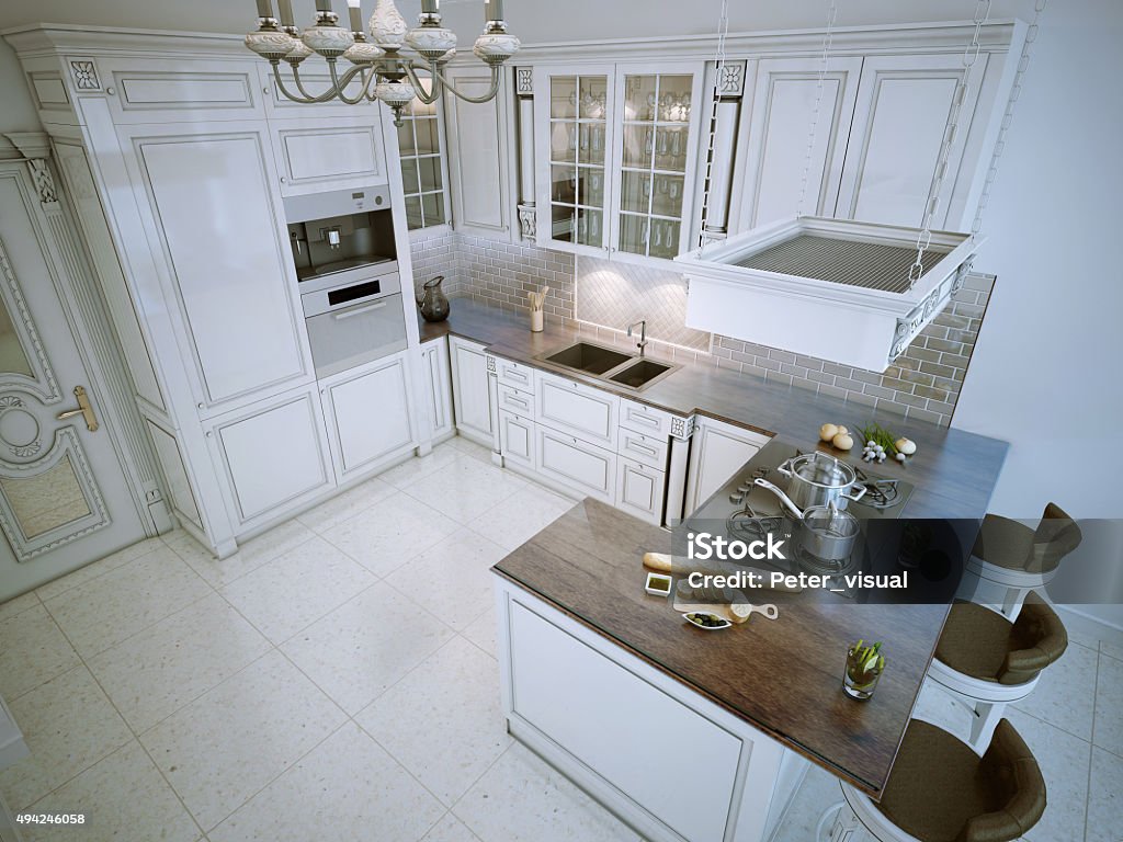 Luxury L-shaped kitchen Luxury L-shaped kitchen white color with bar. 3D render Kitchen Stock Photo