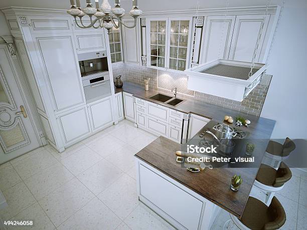 Luxury Lshaped Kitchen Stock Photo - Download Image Now - Kitchen, Kitchen Island, Chandelier